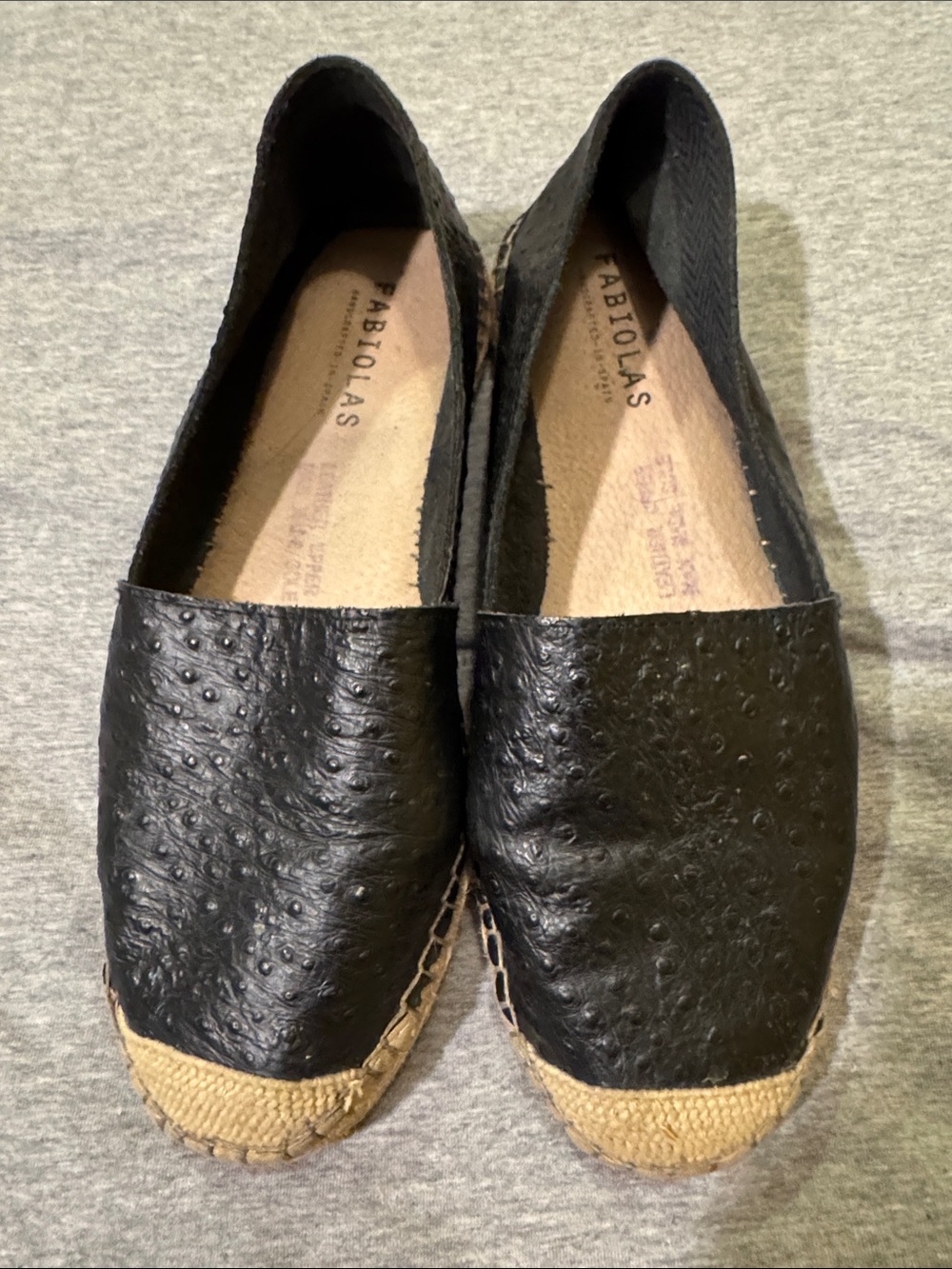 Fabiolas Black Ostrich Textured Pattern Leather Espadrille Flats for Women